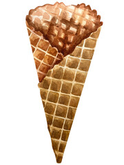Watercolor set of ice cream in a waffle cone. Hand-drawn illustration isolated on white background. Set of ice cream watercolor jpeg design great for your compositions or decorate with your artwork.