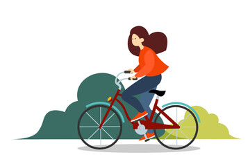 Faceless beautiful woman riding bike in park, spending time outside. Care about planet concept. Eco transport concept. Save earth. Flat vector illustration in cartoon style