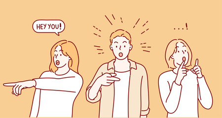 Hey you young people finger pointing to call, attract attention. Hand drawn style vector design illustrations.
