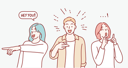 Hey you young people finger pointing to call, attract attention. Hand drawn style vector design illustrations.