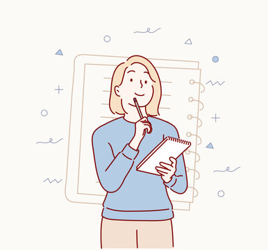  woman is taking notes and think. Hand drawn style vector design illustrations.