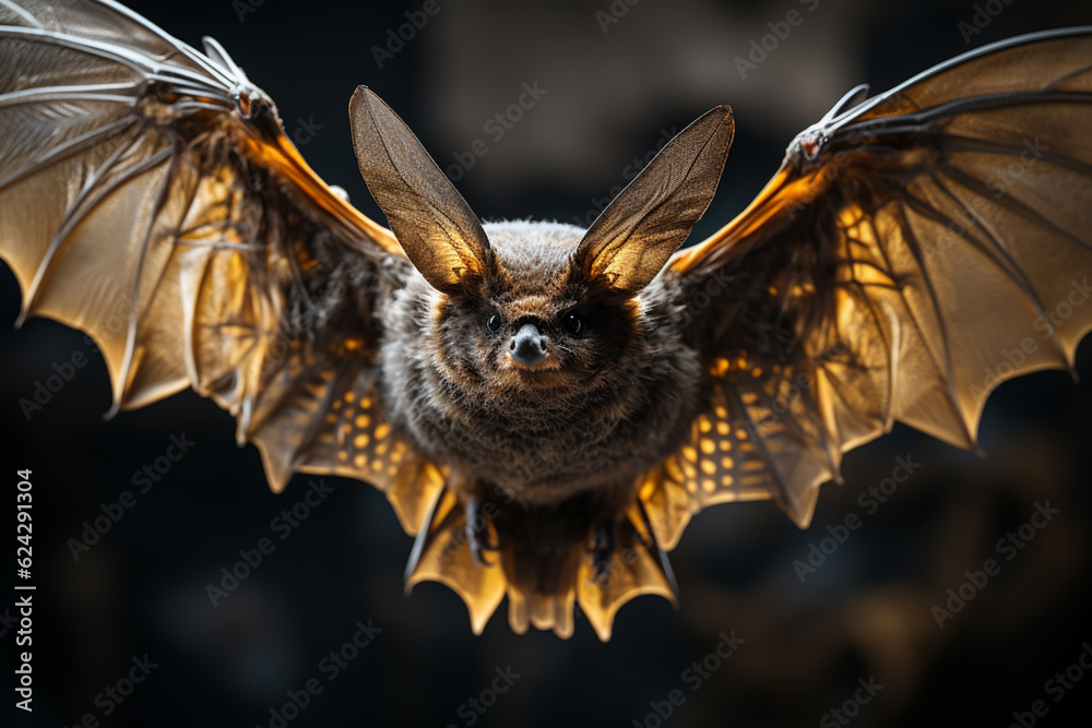Poster An image of a bat in flight, with its wings fully extended, displaying the intricate web of skin and bones that allows it to fly effortlessly.  Generative AI.