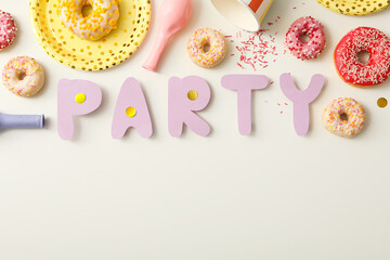 Donuts, balloons and word party on white background, space for text