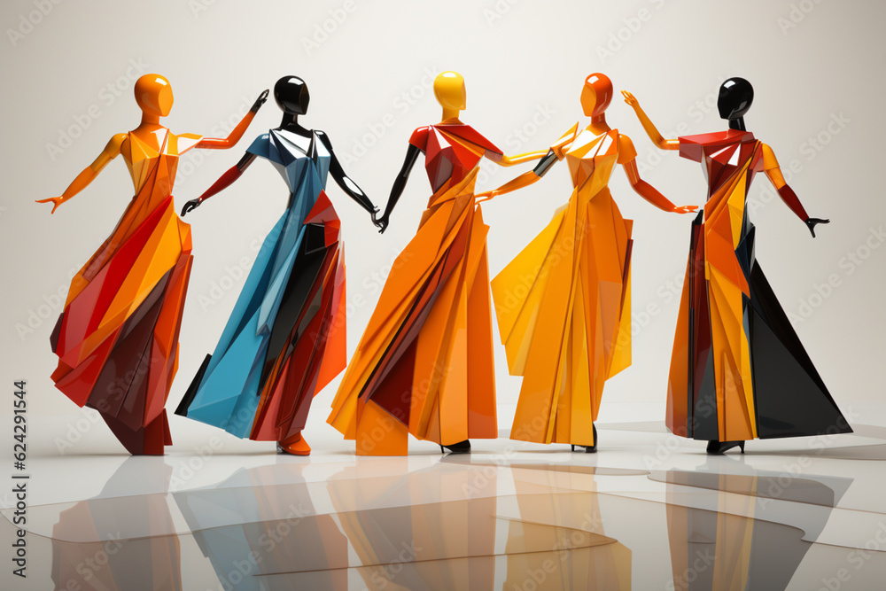 Poster a minimalist depiction of ballerinas rendered in geometric shapes and bold colors. generative ai.