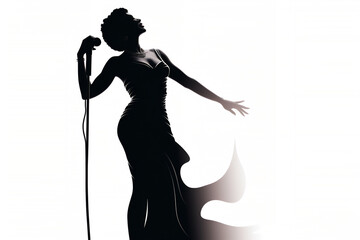 Fototapeta na wymiar Silhouette of a female diva vocalist singing with a microphone which is used by a singer in a performance at a concert in a hall or club, Generative AI stock illustration image
