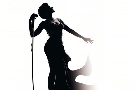 Silhouette of a female diva vocalist singing with a microphone which is used by a singer in a performance at a concert in a hall or club, Generative AI stock illustration image