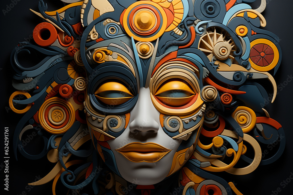 Poster A digital artwork featuring an abstract geometric mask composed of intricate patterns and shapes.  Generative AI.