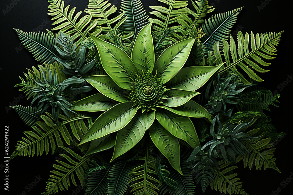 Poster a digital illustration of a fern-inspired mandala, where geometric shapes and patterns form a symmet