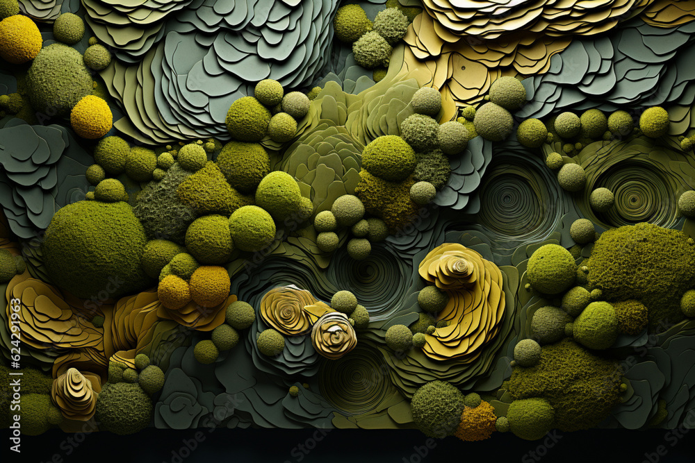 Poster An abstract painting inspired by the textures and patterns of moss.  Generative AI.