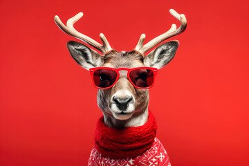 reindeer with glasses on red background in christmas costume - obrazy, fototapety, plakaty