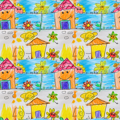 Childish drawing, Geometric tile texture, Seamless, Repeating pattern, Endless background. Happy landscape as seen by an elementary school child. Tileable both horizontally, vertically. Generative AI
