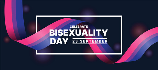 Celebrate bisexuality day - White text in white frame with long bisexual flag roll waving around on dark background vector design - obrazy, fototapety, plakaty