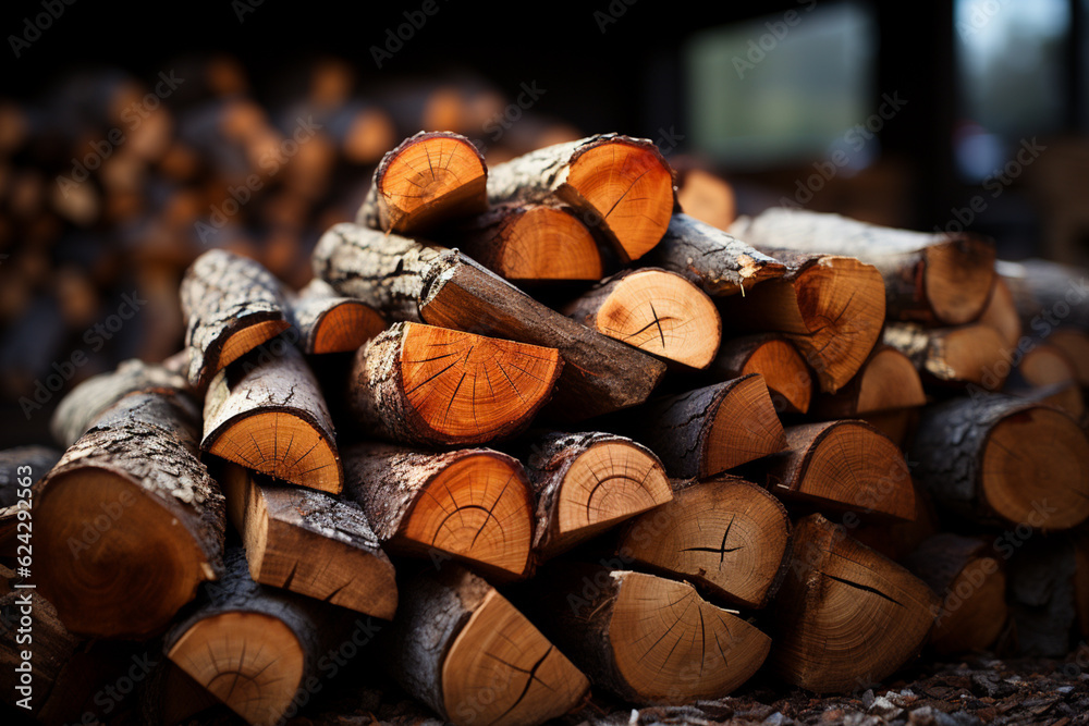 Poster a close-up photograph of a neatly stacked pile of firewood logs. generative ai.