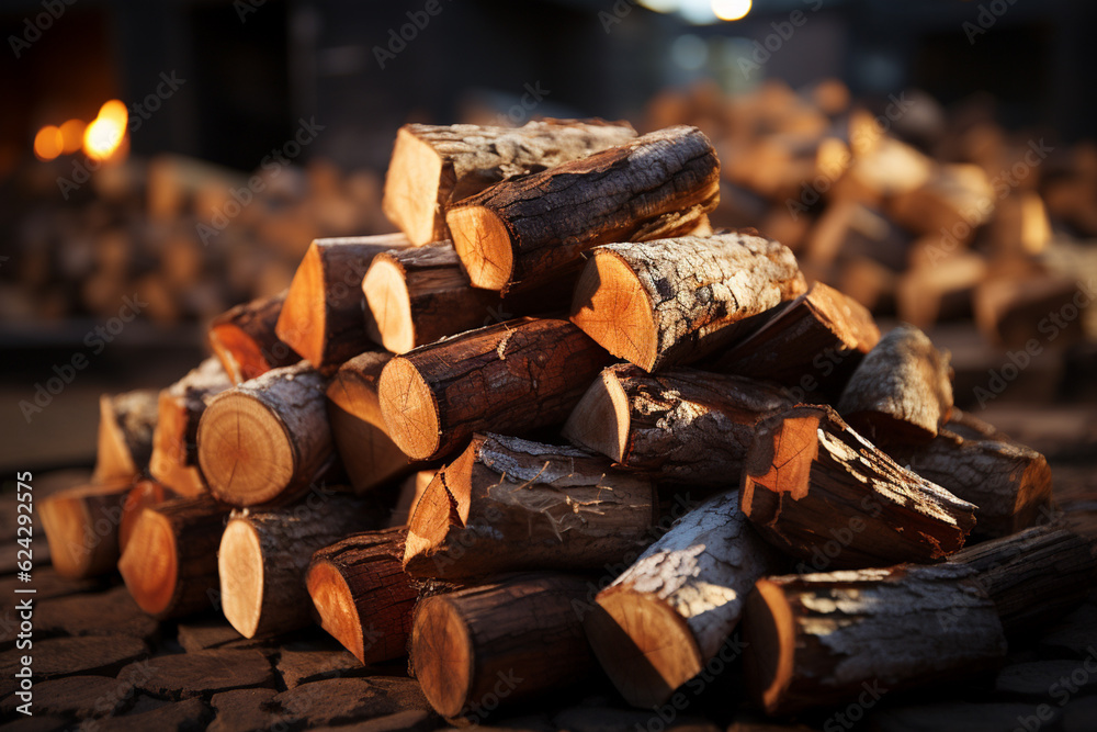 Poster a close-up photograph of different firewood sizes, from small kindling to larger logs. generative ai