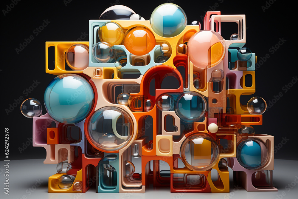 Poster a trending image showcases an abstract vat geometric style sculpture, with a series of interconnecte