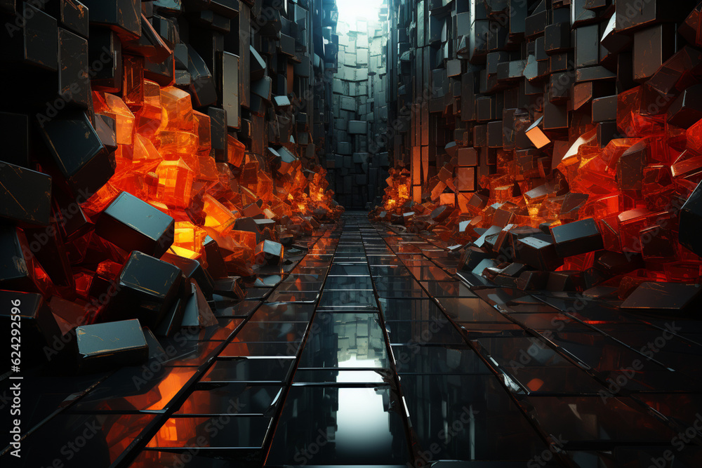 Leinwandbilder A trending image showcases an abstract representation of a mine entrance, with bold and angular geometric shapes forming the structure and vibrant colors highlighting the energy Generative AI.