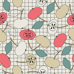 Seamless pattern with apples on a checkered tablecloth for kitchen, home decor, bedding. Healthy foods, veganism theme