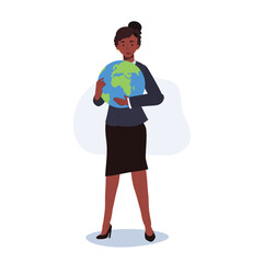 afican american woman Hugging Planet Earth. eco-friendly concept that highlights our responsibility to protect and care for our precious environment.