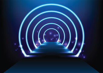 Naklejka premium Glowing neon blue circle with sparkles . Abstract round electric light frame.