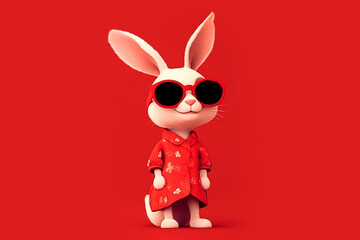 rabbit with sun glasses on red background
