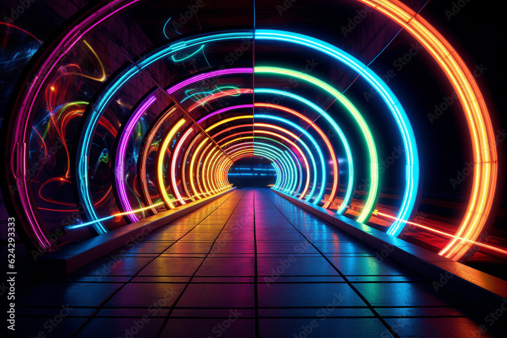 Aufkleber a photograph of a tunnel lit up with neon lights, creating a vibrant and surreal ambiance. generativ