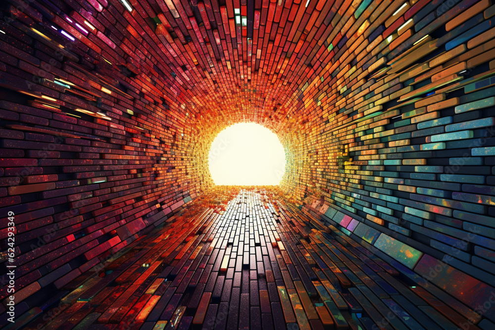 Aufkleber a graphic design illustration of a tunnel with multicolored geometric shapes, symbolizing the conver