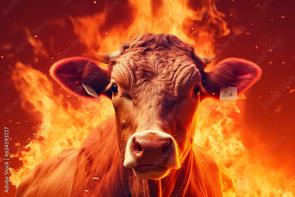 Wall mural a digital illustration of a cow engulfed in flames, symbolizing destruction, chaos, or revolution. g