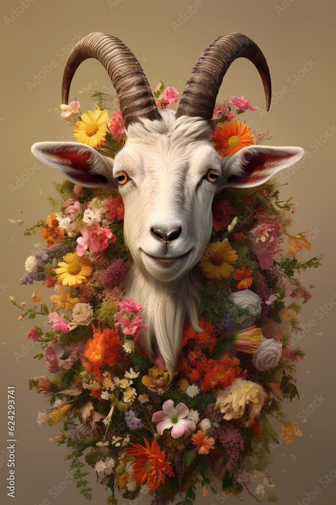 Aufkleber a conceptual image of a goat made from unconventional materials, such as flowers or feathers, challe