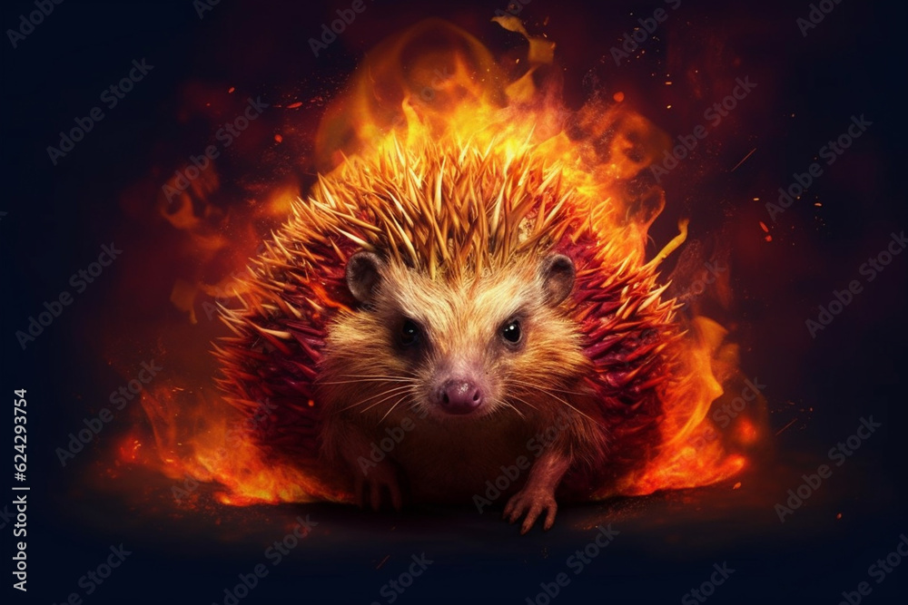 Wall mural a digital illustration of a hedgehog engulfed in flames, symbolizing destruction, chaos, or revoluti