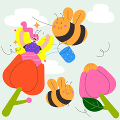 woman playing with Botany and bees illustration