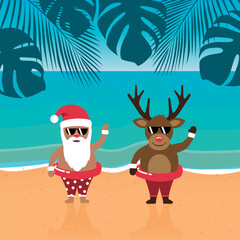 cute santa and deer with sunglasses on paradise beach summer christmas holiday vector illustration EPS10