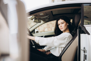 Fototapeta na wymiar The young successful business woman traveling in the car