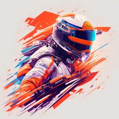 Dynamic racer wearing helmet. Speed racing illustration with colored splashes. AI generated.