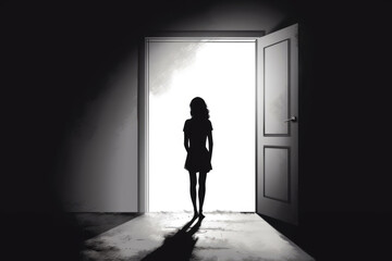 lonely girl stands in front of an open door on a gray wall illustration Generative AI