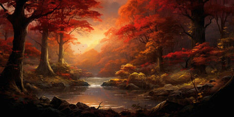 Obraz premium Autumn forest landscape view. Generative AI