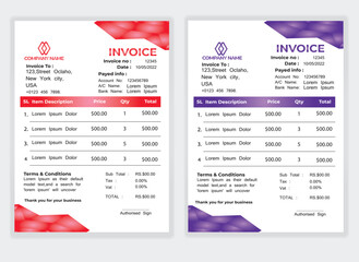 Business Minimal Corporate Invoice design template vector illustration bill form price . Creative template and stationery design payment agreement design template Cash Memo, Vector Quotation Design