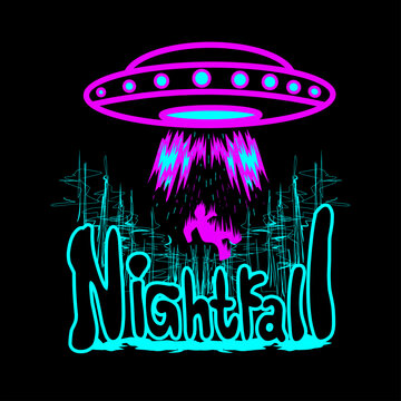 Print illustration of alien spaceship or ufo as it is called. With bright colors. For t-shirt, sticker or poster design