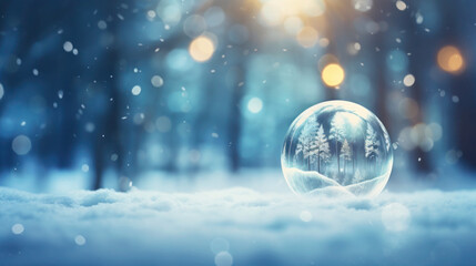 Fototapeta na wymiar Christmas winter blur background with crystal ball and copy space. Generative AI