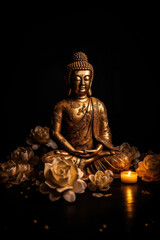 Close view of a bronze sitting Buddha statue with lotus flowers and a burning candle with black background and copy space. Vertical position. Generative AI