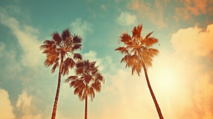 Photo of three palm trees against a clear blue sky with fluffy white clouds .generative ai