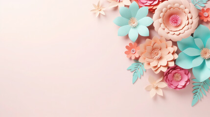 Colorful paper cut flowers with green leaves on pink pastel background with copy space. Generative AI