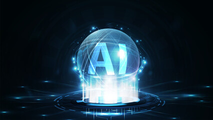 Artificial Intelligence computer database concept. Blue CPU in form of hologram sphere on digital podium. Tech Futuristic Template.