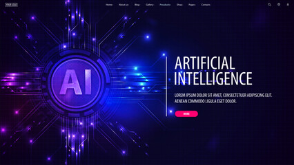 Obraz premium Banner with interface elements and artificial Intelligence computer database concept. Central Computer Processors CPU concept.