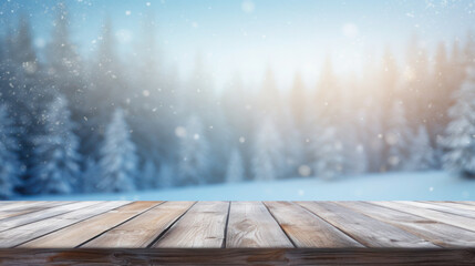 Naklejka na ściany i meble The empty wooden table with beautiful winter blur background for Merry Christmas Day. Generative AI