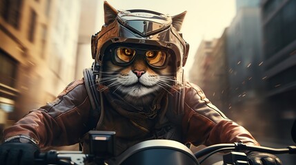 cat is riding a motorcycle wearing a helmet and goggles