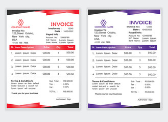 Business Minimal Corporate Invoice design template vector illustration bill form price . Creative template and stationery design payment agreement design template Cash Memo, Vector Quotation Design