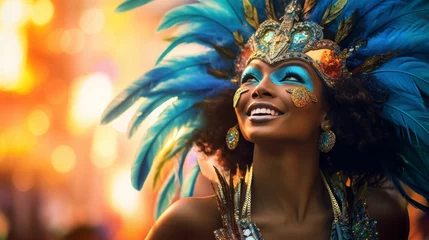 Fototapeten Photo of a woman in a vibrant blue and gold costume celebrating carnival in rio de janeiro.generative ai © Superhero Woozie
