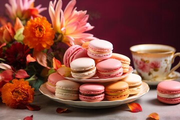 Obraz na płótnie Canvas Photo of a delicious plate of colorful macaroons and a cup of steaming coffee .generative ai