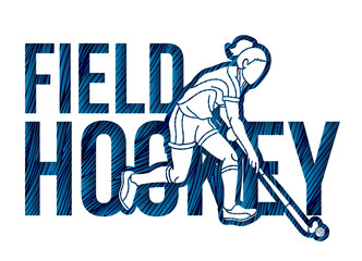 Field Hockey Text Designed with Female Player Cartoon Sport Graphic Vector