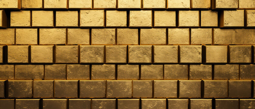 Rows of shiny golden bars forming a wall. Backdrop or a wallpaper design. Banner for a website. Generative AI